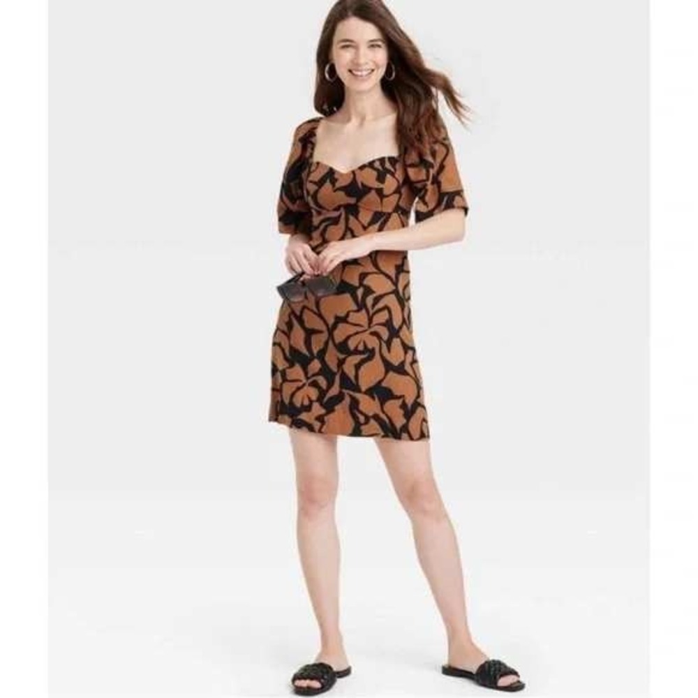 A‎ New Day Linen Blend Mini Dress Smocked Short Sleeve Tan Black Print Size S